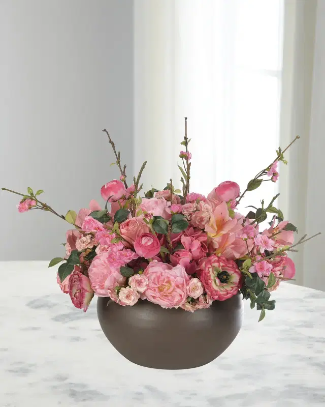 NDI Peonies & Ranunculus 33" Faux Floral Arrangement in Concrete Bowl
