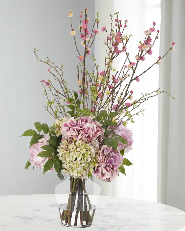 NDI Hydrangeas & Cherry Blossoms 38" Faux Floral Arrangement in a Glass Vase