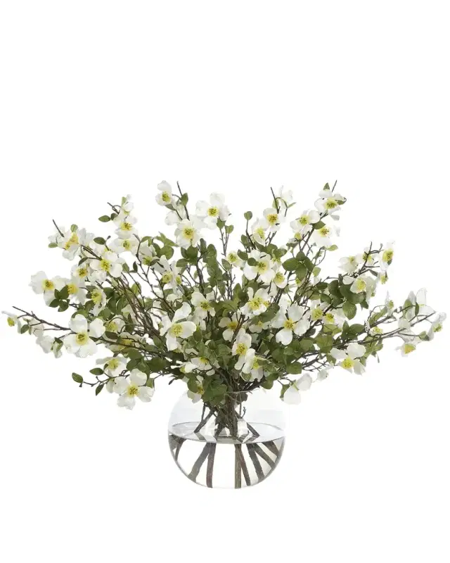 NDI White Dogwood 43" Faux Floral Arrangement in a Glass Bubble