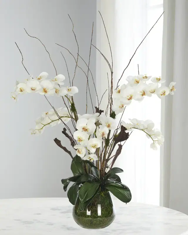 NDI White Phalaneopsis Orchids 44" Faux Floral Arrangement in a Moss Glass Vase