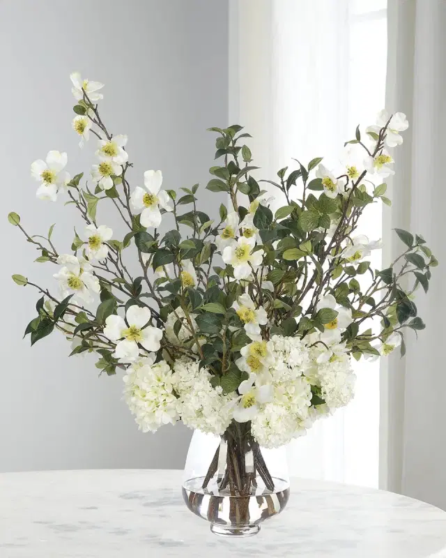 NDI Dogwood & Hydrangeas 33" Faux Floral Arrangement in a Glass Vase
