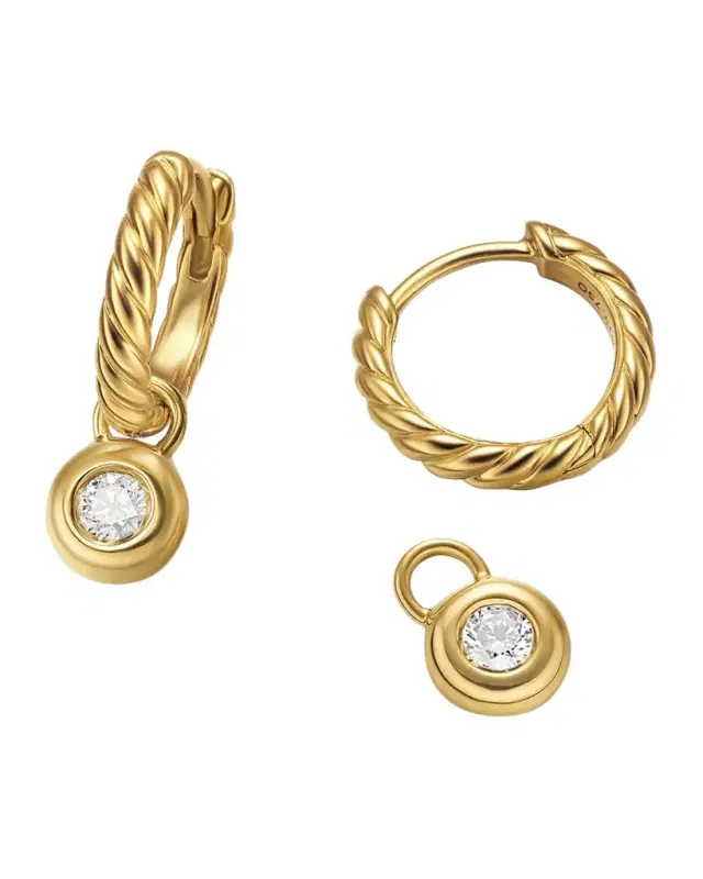 Petite Modern Cable Huggie Drop Earrings in 18K Gold with Diamonds, 18.5mm