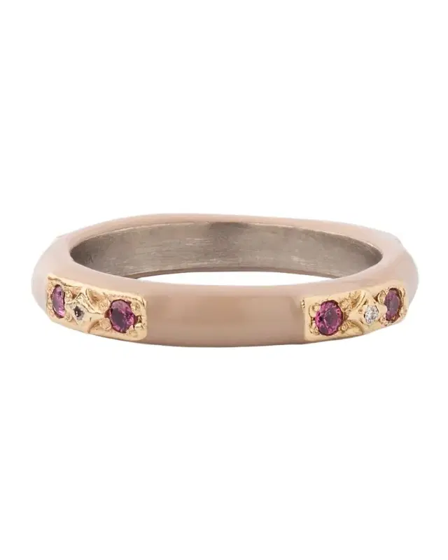 18K Rose Gold, Antiqued Silver, and Nude Enamel Diamond and Garnet Bangle Bracelet
