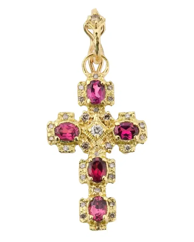 Yellow Gold Cross Enhancer with Garnets