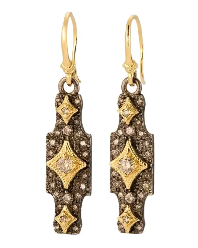 18K Yellow Gold and Antiqued Silver Pave Diamond Crivelli Drop Earrings