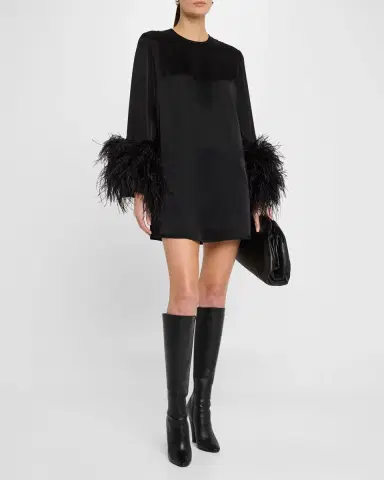 LAPOINTE Double-Face Satin Shift Dress with Ostrich Feathers | Thumbnail 2 LAPOINTE Double-Face Satin Shift Dress with Ostrich Feathers | Thumbnail 2