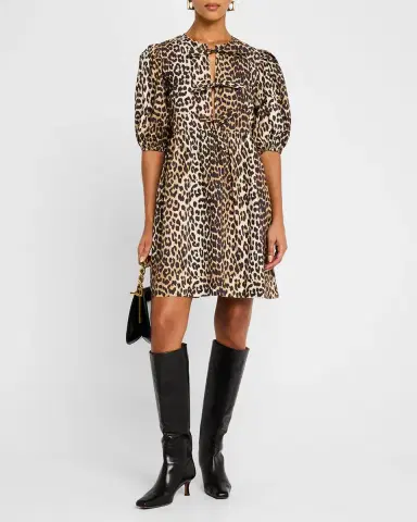 Ganni Leopard Tie-Front Puff-Sleeve Mini Dress | Thumbnail 2 Ganni Leopard Tie-Front Puff-Sleeve Mini Dress | Thumbnail 2