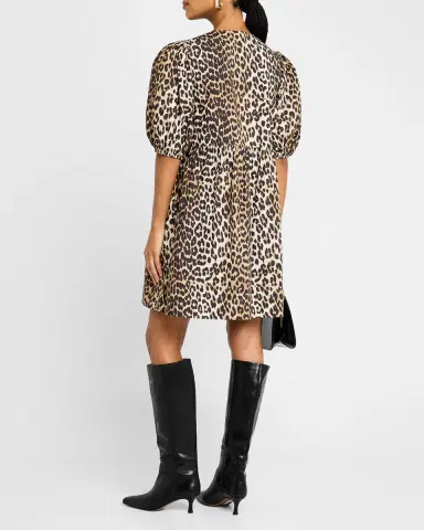 Ganni Leopard Tie-Front Puff-Sleeve Mini Dress | Thumbnail 3 Ganni Leopard Tie-Front Puff-Sleeve Mini Dress | Thumbnail 3