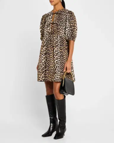 Ganni Leopard Tie-Front Puff-Sleeve Mini Dress | Thumbnail 4 Ganni Leopard Tie-Front Puff-Sleeve Mini Dress | Thumbnail 4