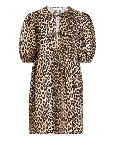 Ganni Leopard Tie-Front Puff-Sleeve Mini Dress | Thumbnail 1 Ganni Leopard Tie-Front Puff-Sleeve Mini Dress | Thumbnail 1