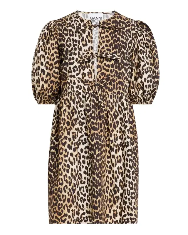 Leopard Tie-Front Puff-Sleeve Mini Dress