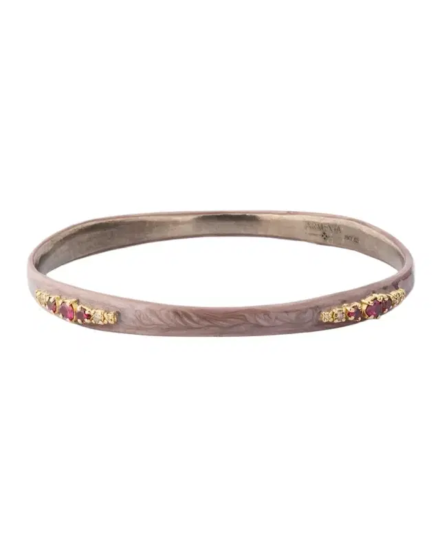 14K Rose Gold and Antiqued Silver Nude Enamel Hinged Bracelet with Diamonds and Purple Garnets