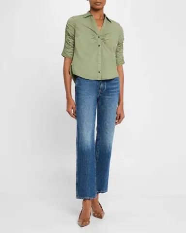 Veronica Beard Porta Ruched-Sleeve Button-Front Shirt | Thumbnail 2
