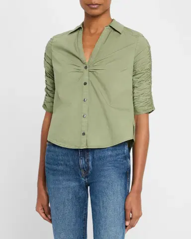 Veronica Beard Porta Ruched-Sleeve Button-Front Shirt | Thumbnail 4