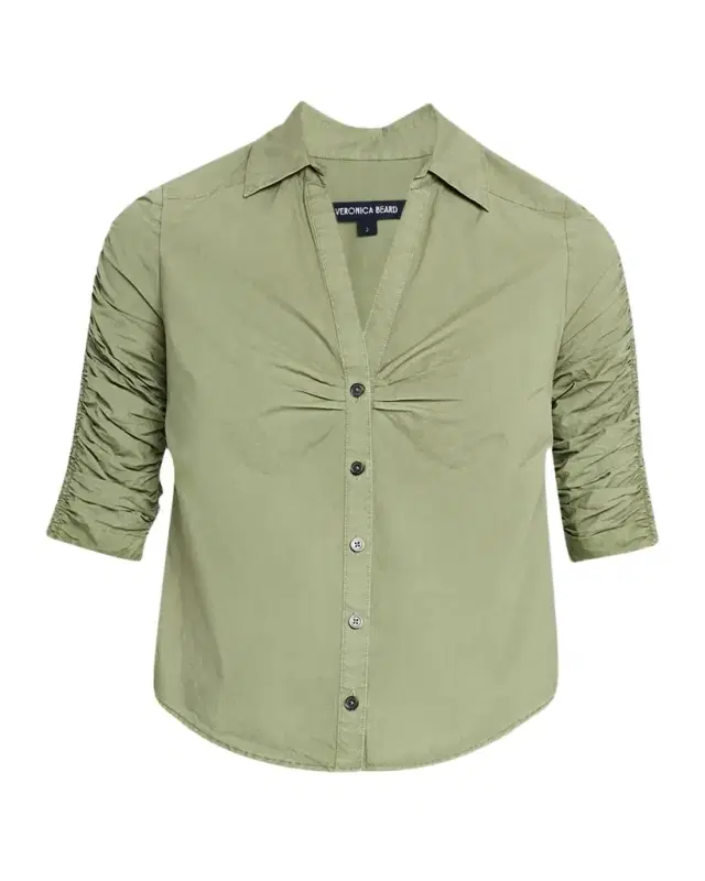 Veronica Beard Porta Ruched-Sleeve Button-Front Shirt