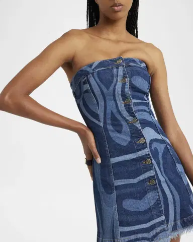 Pucci Strapless Marmo-Print Denim Button-Front Mini Dress | Thumbnail 7 Pucci Strapless Marmo-Print Denim Button-Front Mini Dress | Thumbnail 7