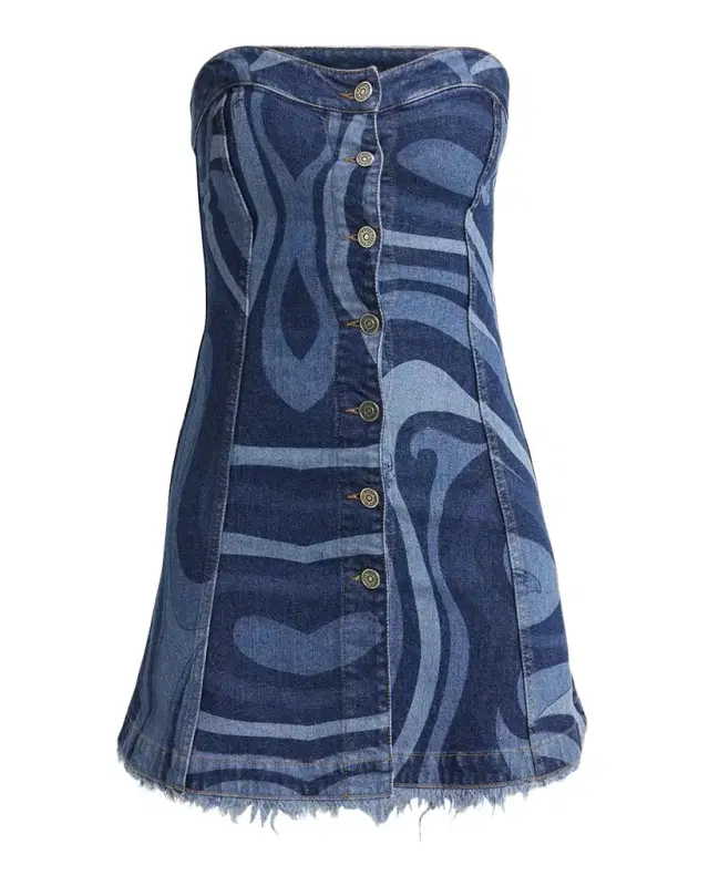 Strapless Marmo-Print Denim Button-Front Mini Dress