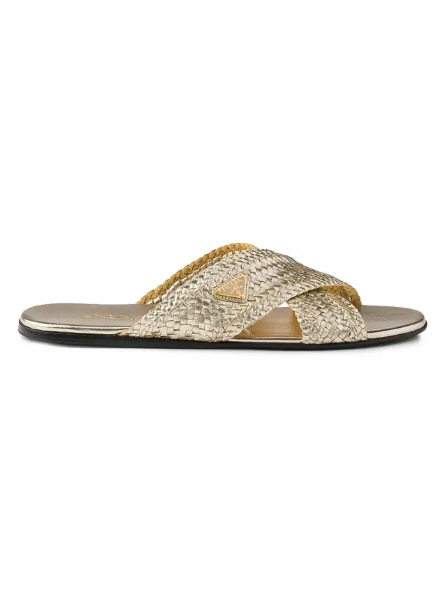 Women's Woven Leather Crisscross Slides - Gold