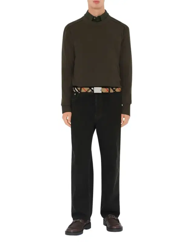 Men 's Check Canvas and Leather B-Cut Buckle Belt