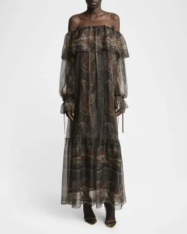 Saint Laurent Metallic Ruffle Off-The-Shoulder Maxi Dress | Thumbnail 2 Saint Laurent Metallic Ruffle Off-The-Shoulder Maxi Dress | Thumbnail 2