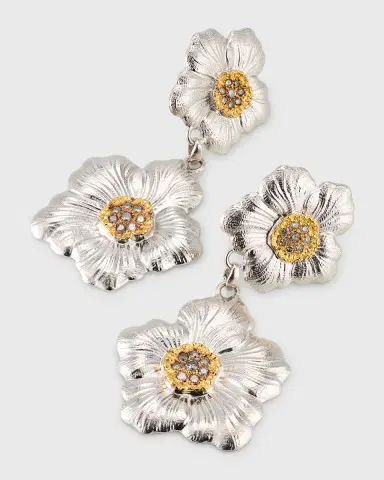 Buccellati Blossoms Gardenia Sterling Silver and 18K Yellow Gold Pendant Earrings, 8.5cm | Thumbnail 3