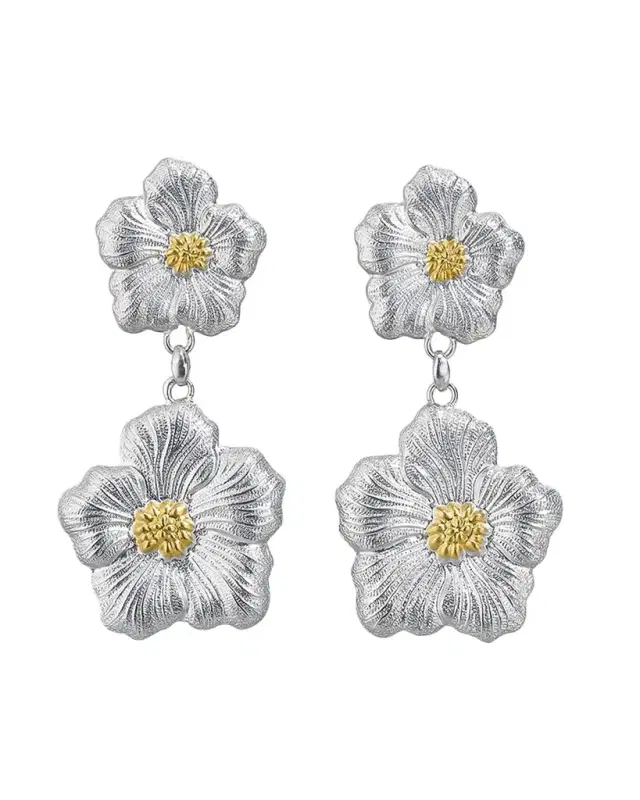 Blossoms Gardenia Sterling Silver and 18K Yellow Gold Pendant Earrings, 8.5cm