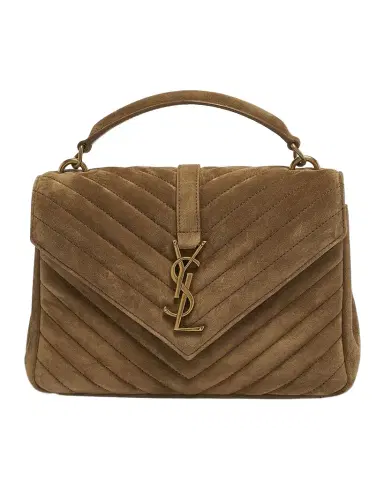 Saint Laurent College Medium Flap YSL Shoulder Bag in Quilted Suede | Thumbnail 1 Saint Laurent College Medium Flap YSL Shoulder Bag in Quilted Suede | Thumbnail 1