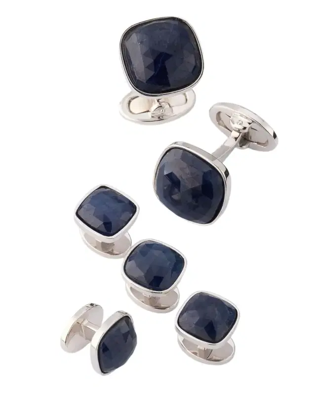 Men 's Sterling Silver Sapphire Square Cufflink Stud Set