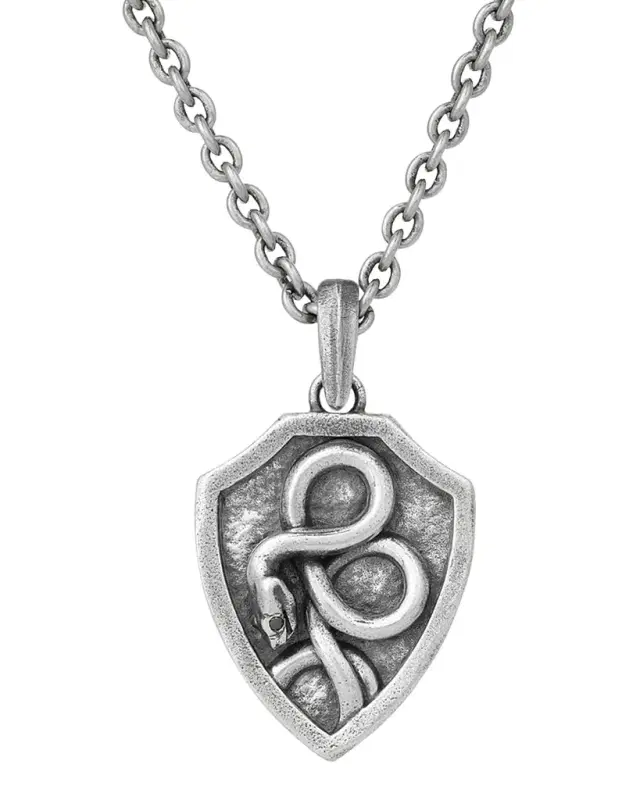 Men's Sterling Silver Snake Shield Pendant Necklace with Black Diamond Eye