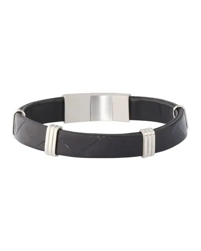 Men 's Embossed Chevron Leather and Stainless Steel Bracelet