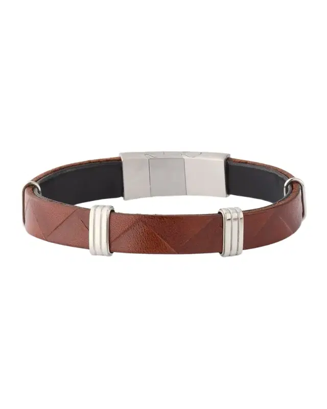Men 's Embossed Chevron Leather and Stainless Steel Bracelet