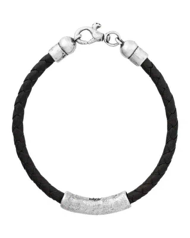 Men 's Sterling Silver ID Braided Leather Cord Bracelet