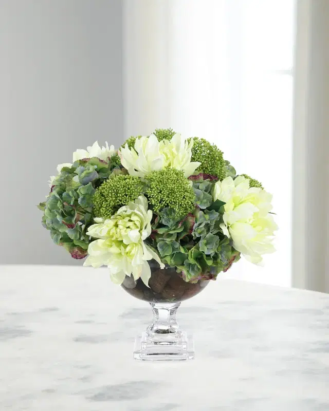 John-Richard Collection Teal Green Hydrangeas 18" Faux Floral Arrangement in Glass Vase