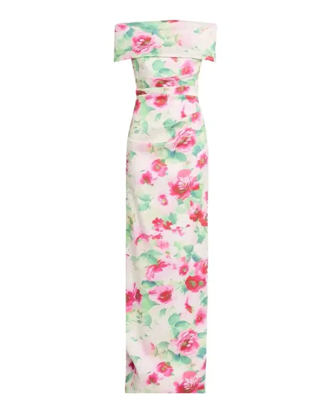 Rickie Freeman for Teri Jon Off-Shoulder Pleated Mikado Column Gown