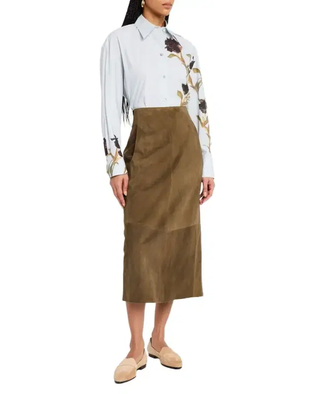 Mid-Rise Suede Midi Skirt