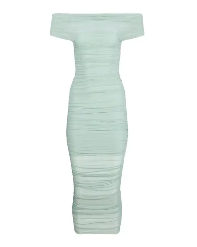 Noel Off-Shoulder Ruched Mesh Midi Dress