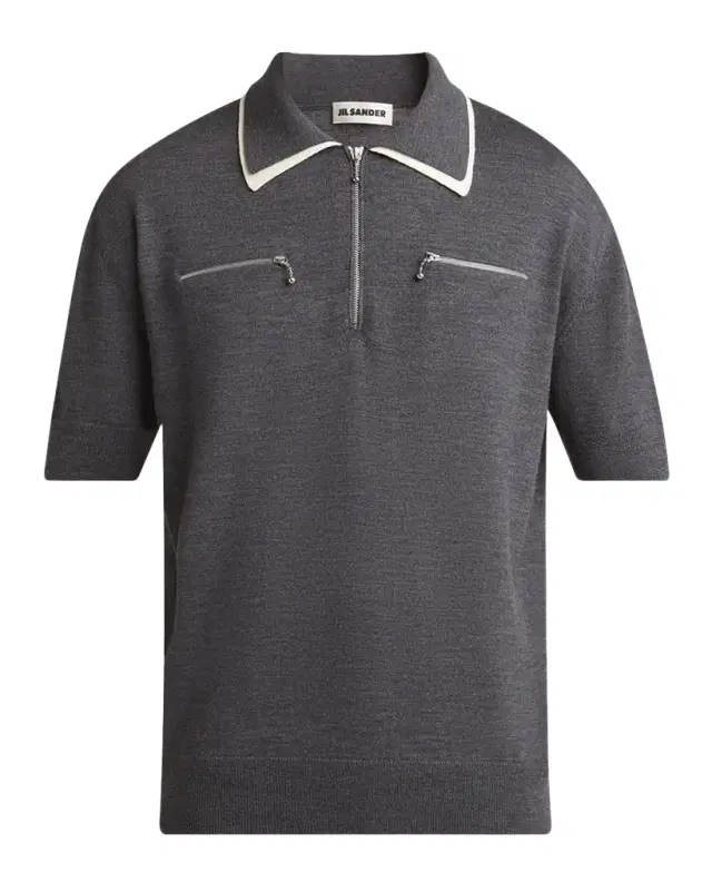 Men 's Contrast-Collar Wool Quarter-Zip Polo Shirt