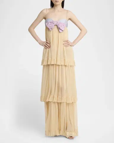 Valentino Garavani Crystal Creponne Bow Tiered Chiffon Babydoll Gown | Thumbnail 2