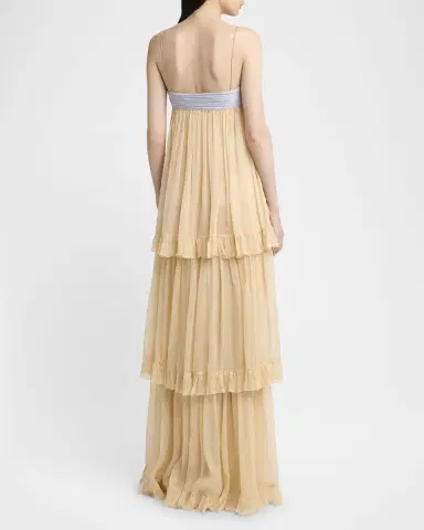 Valentino Garavani Crystal Creponne Bow Tiered Chiffon Babydoll Gown | Thumbnail 3