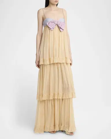 Valentino Garavani Crystal Creponne Bow Tiered Chiffon Babydoll Gown | Thumbnail 4