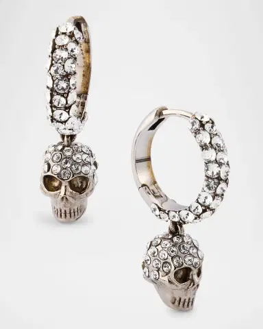 Alexander McQueen Pave Skull Hoop Earrings, Silver | Thumbnail 3