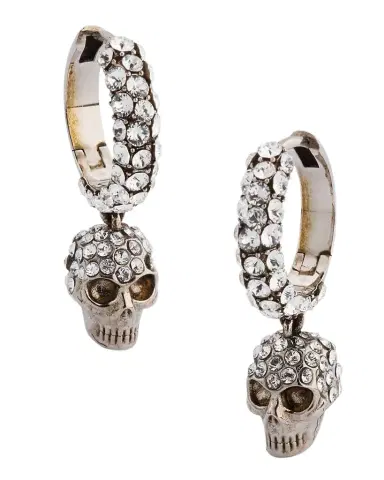 Alexander McQueen Pave Skull Hoop Earrings, Silver | Thumbnail 1