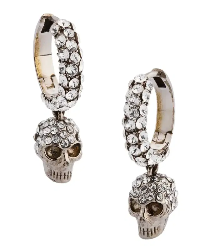 Pave Skull Hoop Earrings, Silver