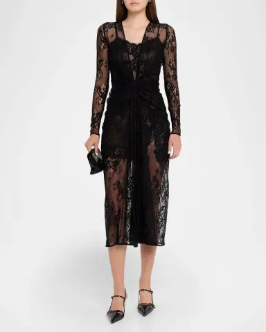 Dolce & Gabbana Plunging Twisted Chantilly Lace Long-Sleeve Midi Dress | Thumbnail 2 Dolce & Gabbana Plunging Twisted Chantilly Lace Long-Sleeve Midi Dress | Thumbnail 2