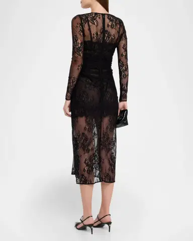 Dolce & Gabbana Plunging Twisted Chantilly Lace Long-Sleeve Midi Dress | Thumbnail 3 Dolce & Gabbana Plunging Twisted Chantilly Lace Long-Sleeve Midi Dress | Thumbnail 3
