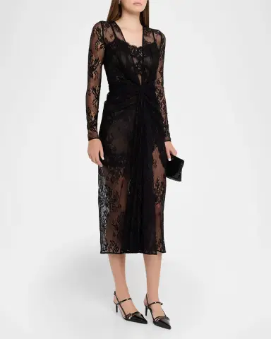 Dolce & Gabbana Plunging Twisted Chantilly Lace Long-Sleeve Midi Dress | Thumbnail 4 Dolce & Gabbana Plunging Twisted Chantilly Lace Long-Sleeve Midi Dress | Thumbnail 4