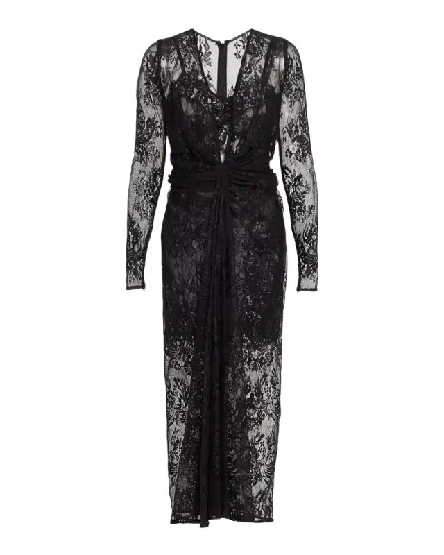 Plunging Twisted Chantilly Lace Long-Sleeve Midi Dress