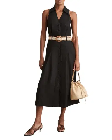 Reiss Annie Pleated Button-Down Linen Midi Dress | Thumbnail 1 Reiss Annie Pleated Button-Down Linen Midi Dress | Thumbnail 1