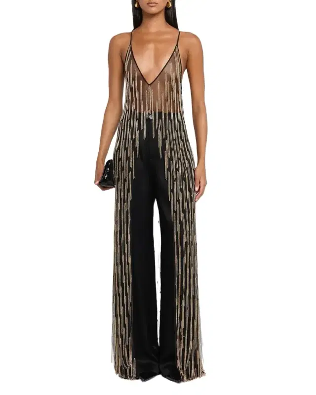 Sheer Rhinestone Fringe Cami Top