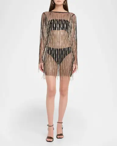 LAPOINTE Crystal Fringe Mesh Long-Sleeve Mini Dress | Thumbnail 2
